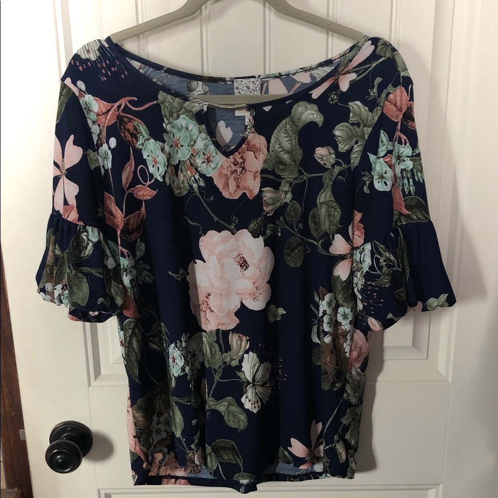 NAIF Navy Floral Ruffle-Sleeve Tunic with Pink & Mint Blooms